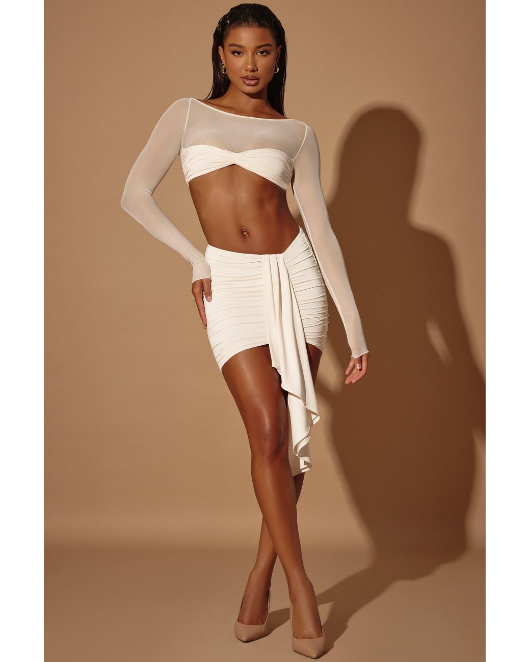 Oh Polly White Sheer Panelled Long Sleeve Crop Top
