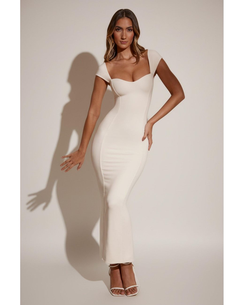 Oh Polly Natural Modal Sweetheart-Neck Cap-Sleeve Maxi Dress