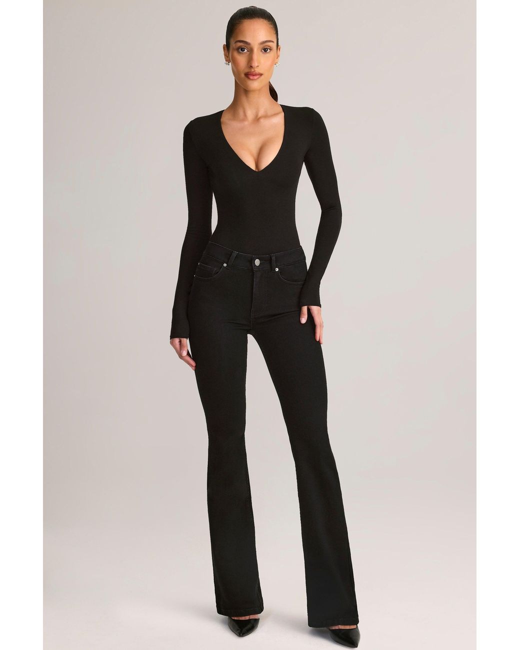 Oh Polly Black Modal Plunge Long-Sleeve Bodysuit