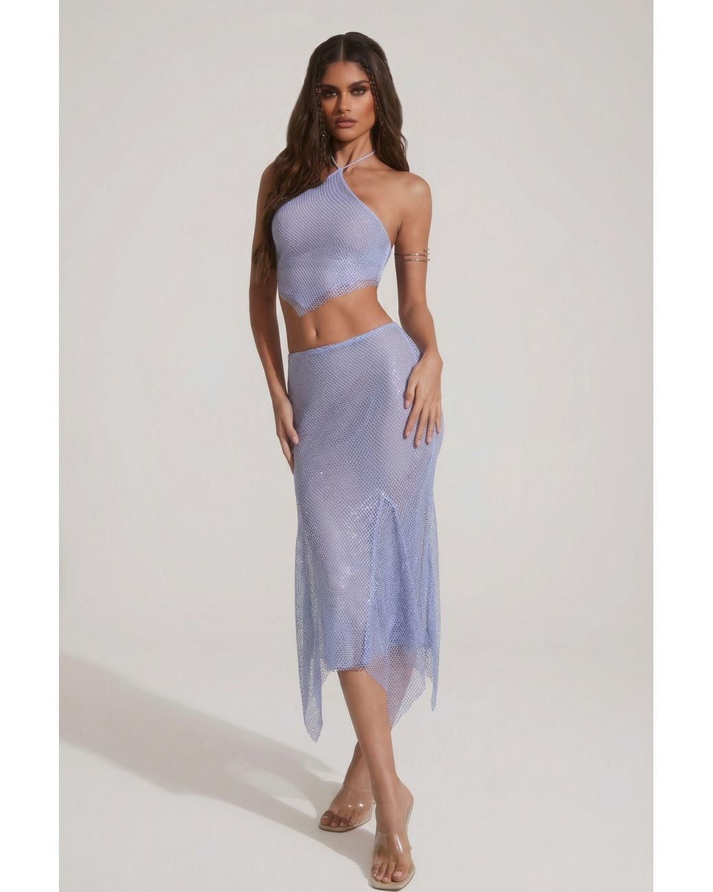 Oh Polly Blue Embellished Handkerchief Hem Midaxi Skirt