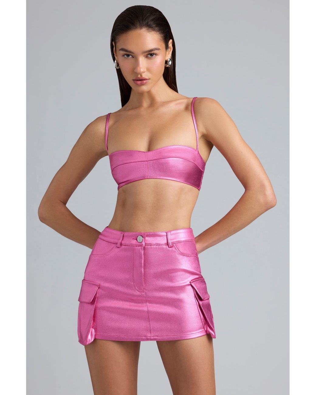 Oh Polly Pink Metallic Denim Mid-Rise Cargo Mini Skirt