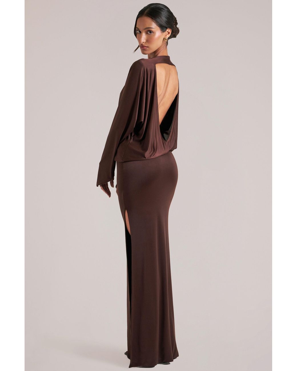 Oh Polly Brown Long-Sleeve Draped Maxi Dress