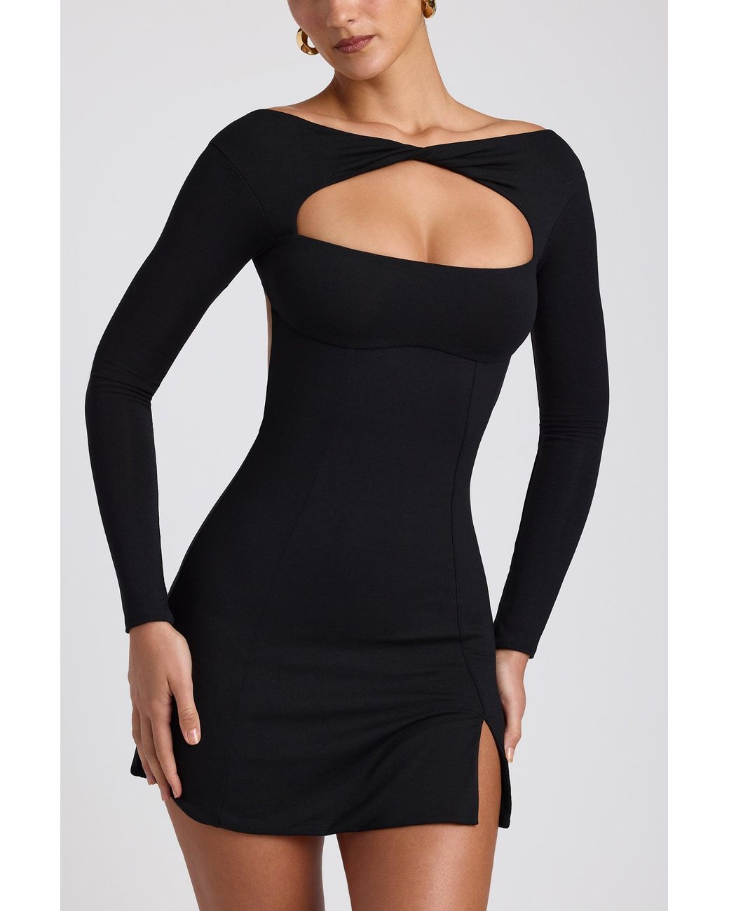 Oh Polly Black Modal Twist-Front Long-Sleeve Mini Dress