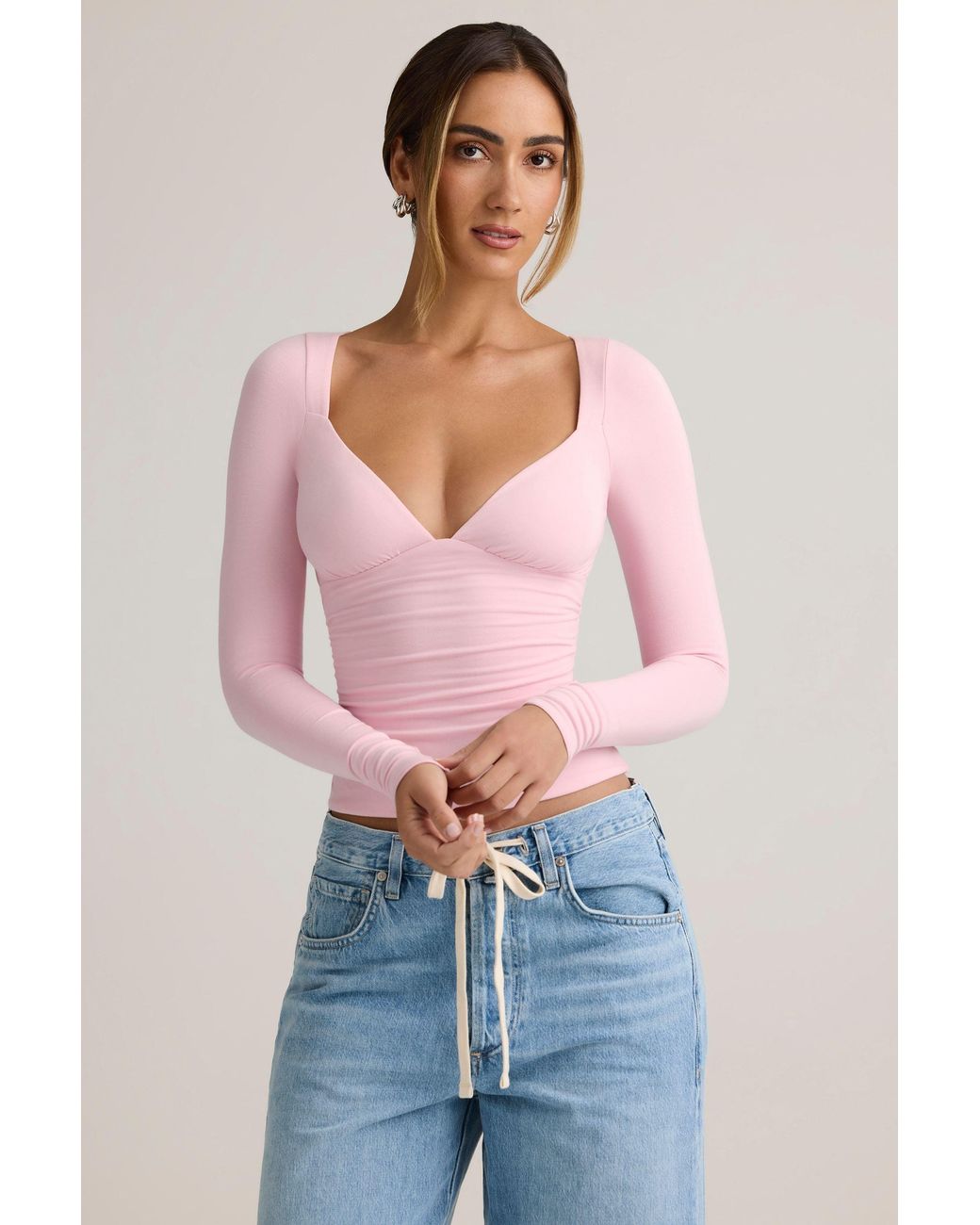 Oh Polly Pink Modal Ruched Long-Sleeve Top