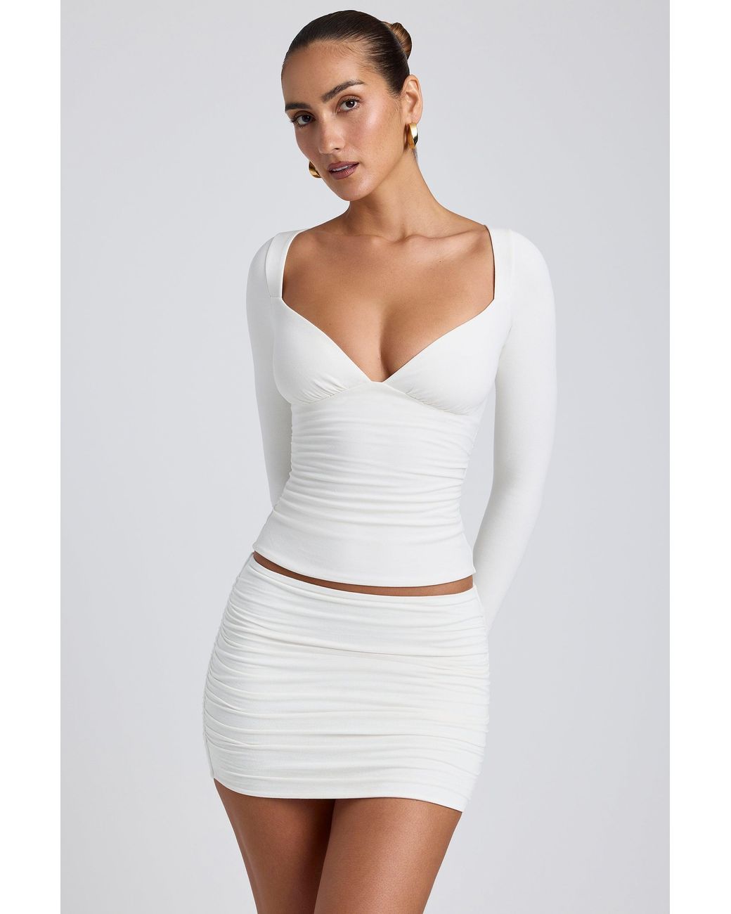 Oh Polly White Modal Ruched Long-Sleeve Top