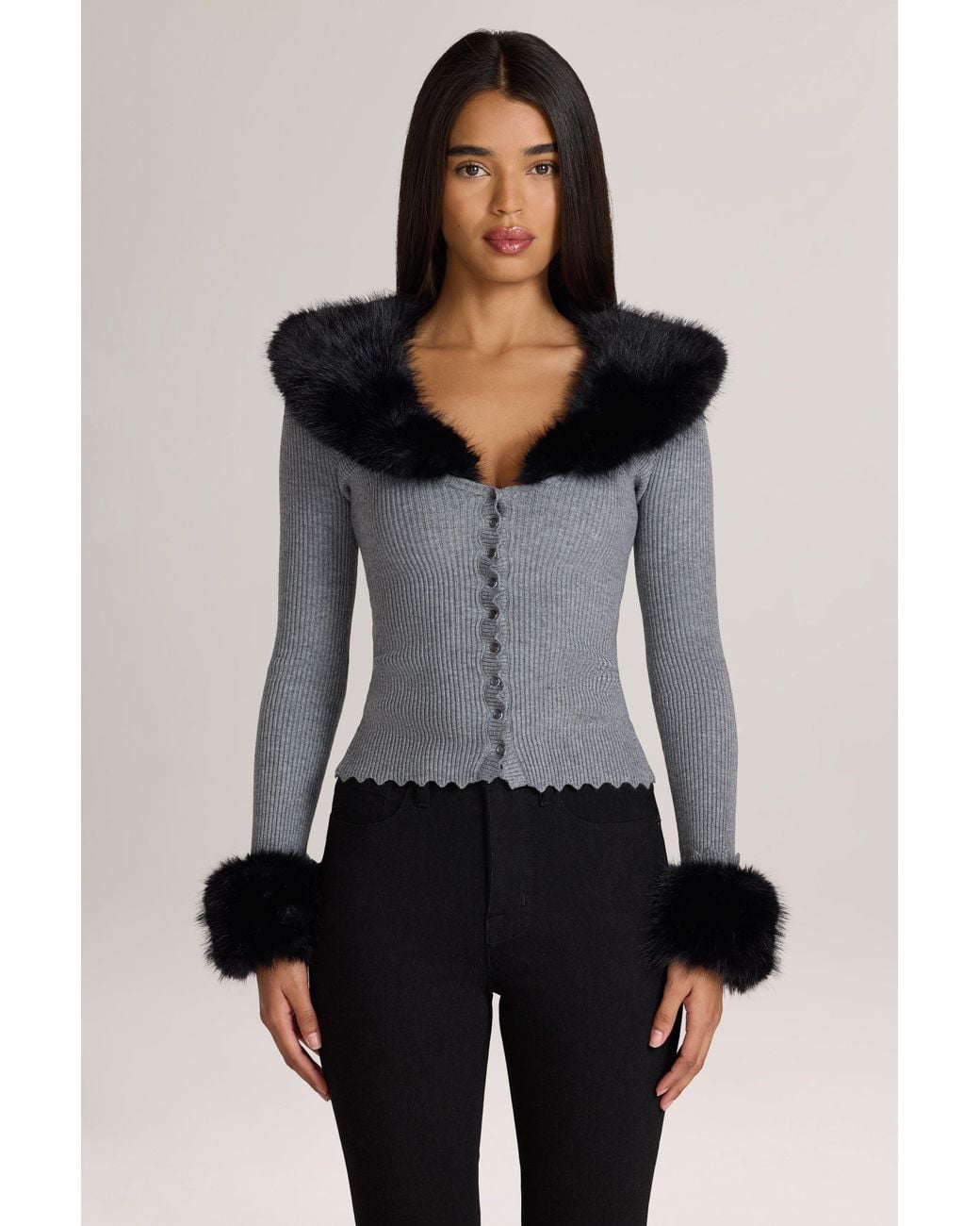 Oh Polly Gray Knit Faux-Fur-Trim Cardigan
