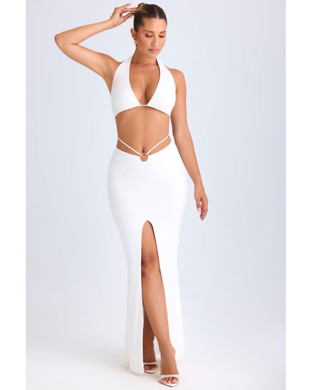 Oh Polly White Hardware-Detail Mid-Rise Maxi Skirt