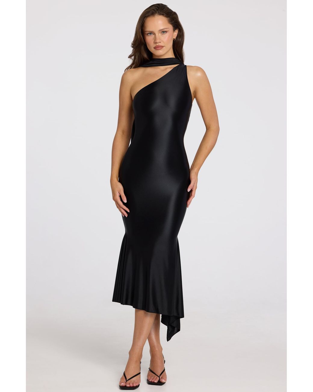 Oh Polly Black Asymmetric Scarf-Detail Midaxi Dress