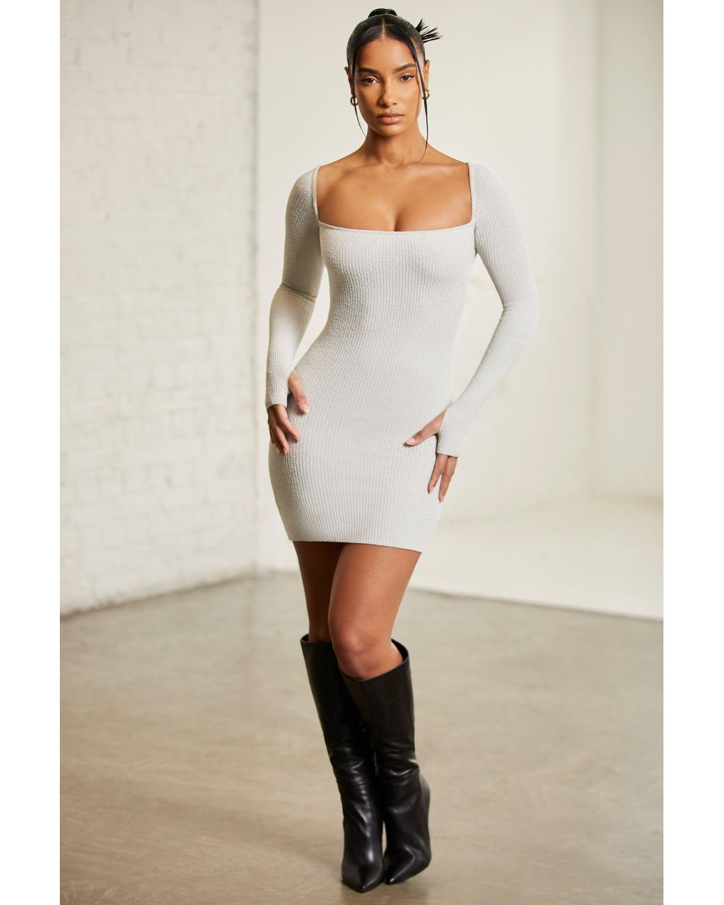 Oh Polly Gray Long Sleeve Square Neck Mini Dress