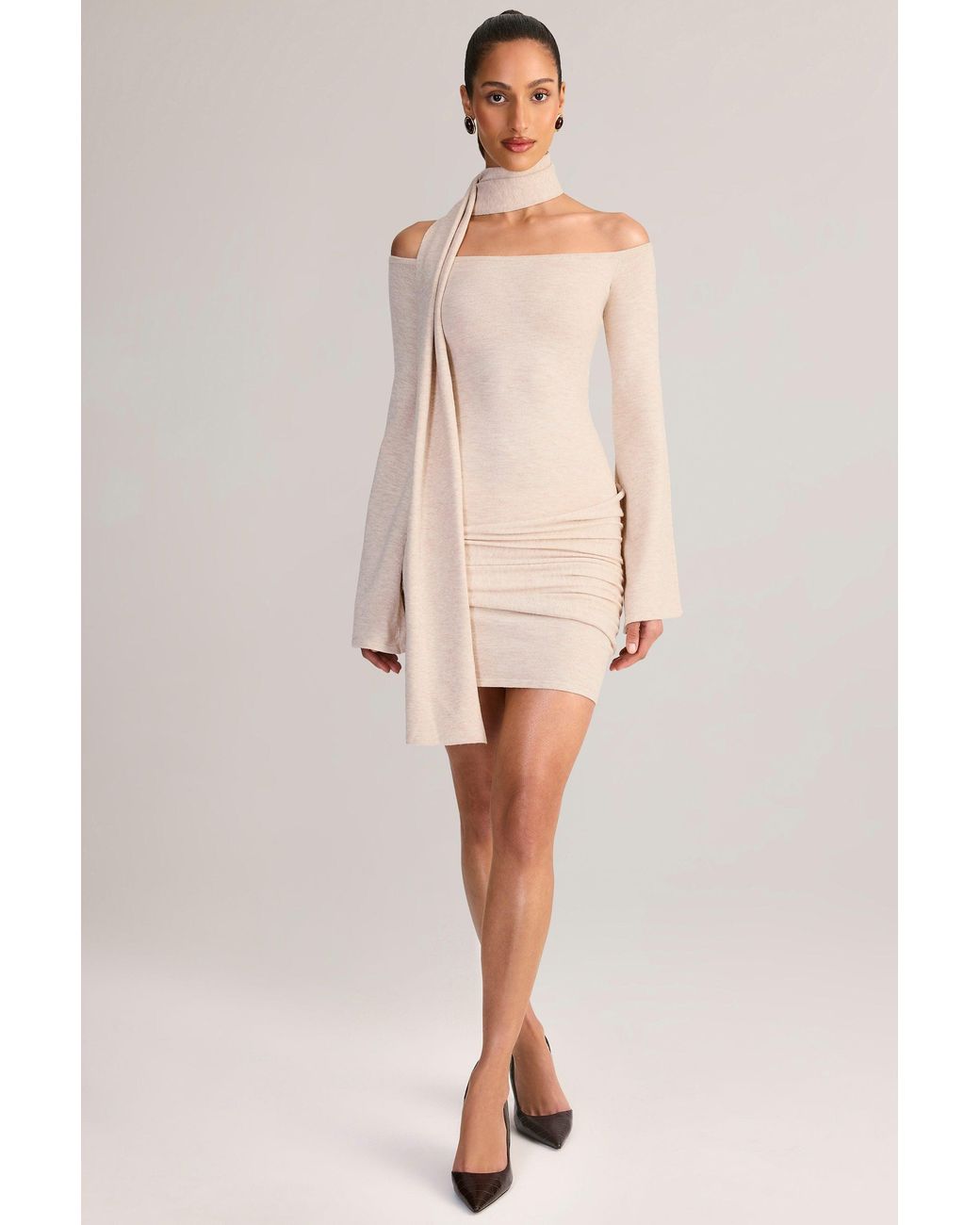 Oh Polly White Knit Scarf-Detail Off-Shoulder Mini Dress