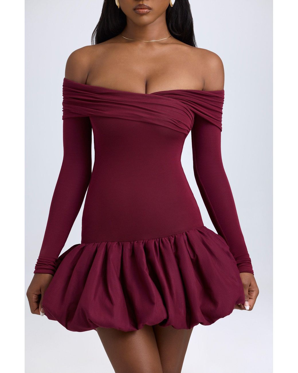 Oh Polly Red Modal Off-Shoulder Bubble Hem Mini Dress