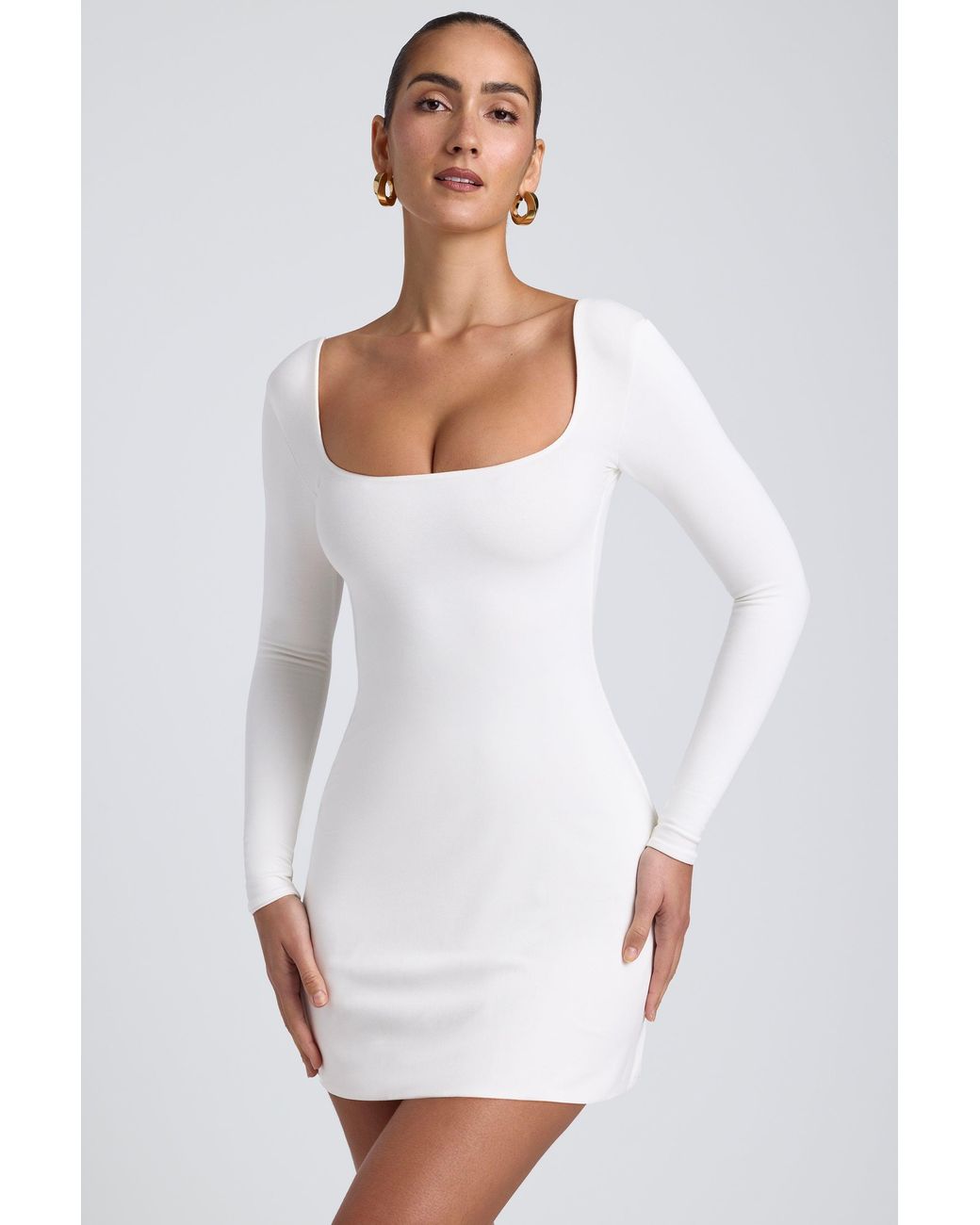 Oh Polly White Modal Square Neck Long Sleeve Mini Dress