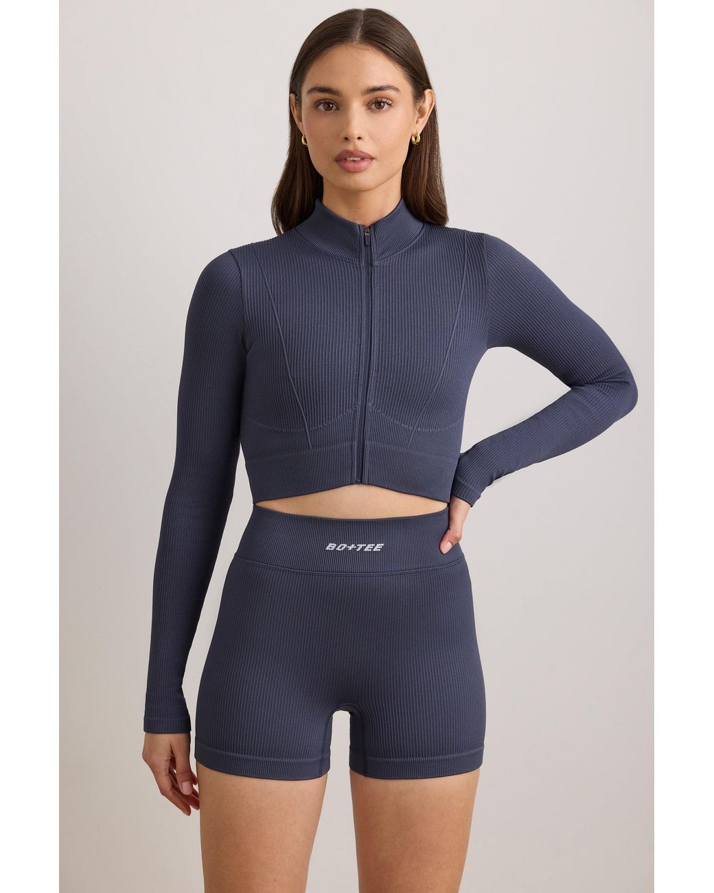 BO+TEE Blue Flexirib Zip-Up Cropped Jacket