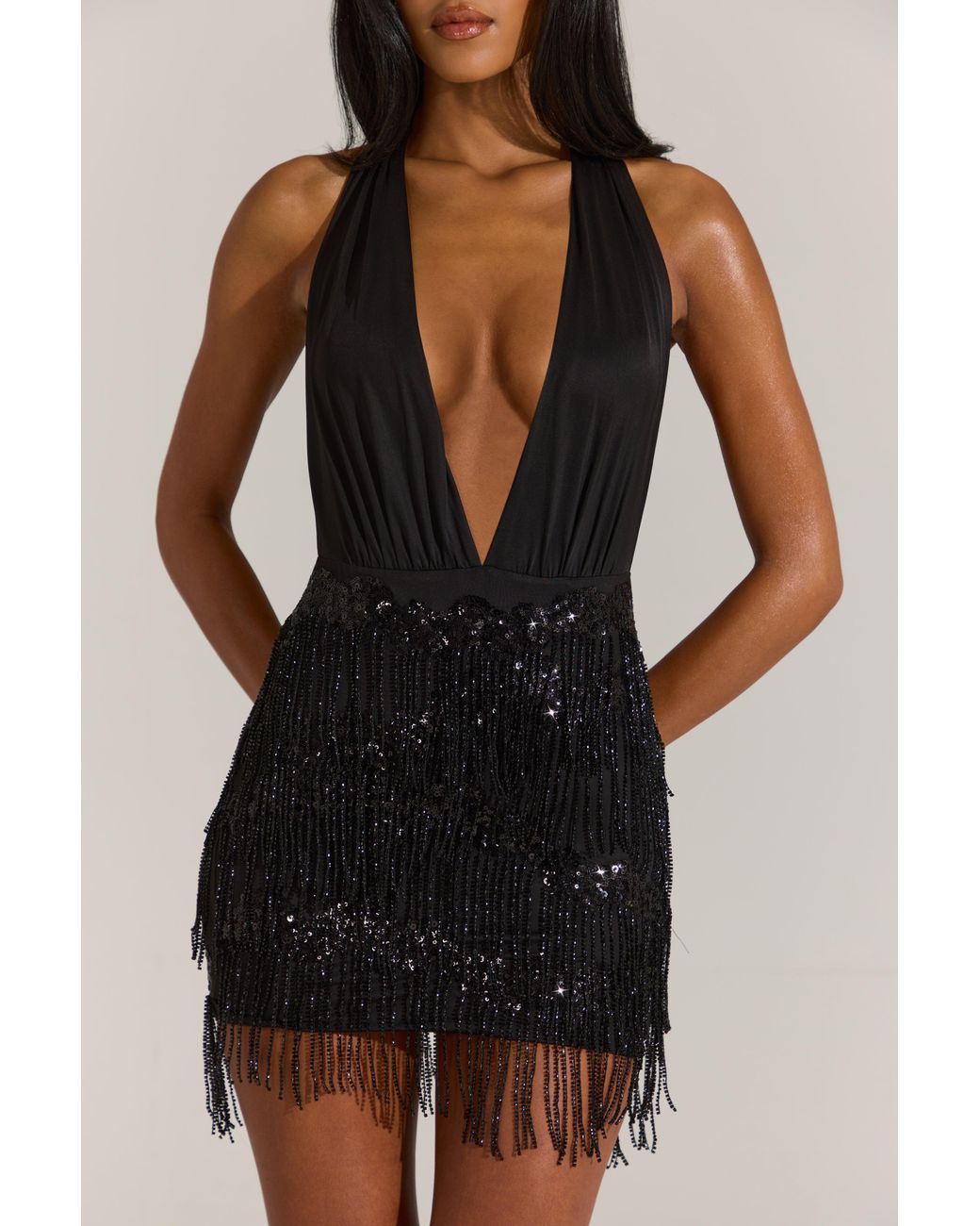 Oh Polly Black Fringed Skirt Halterneck Mini Dress