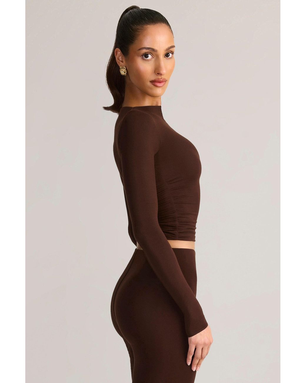 Oh Polly Brown Modal Ruched Long-Sleeve Top