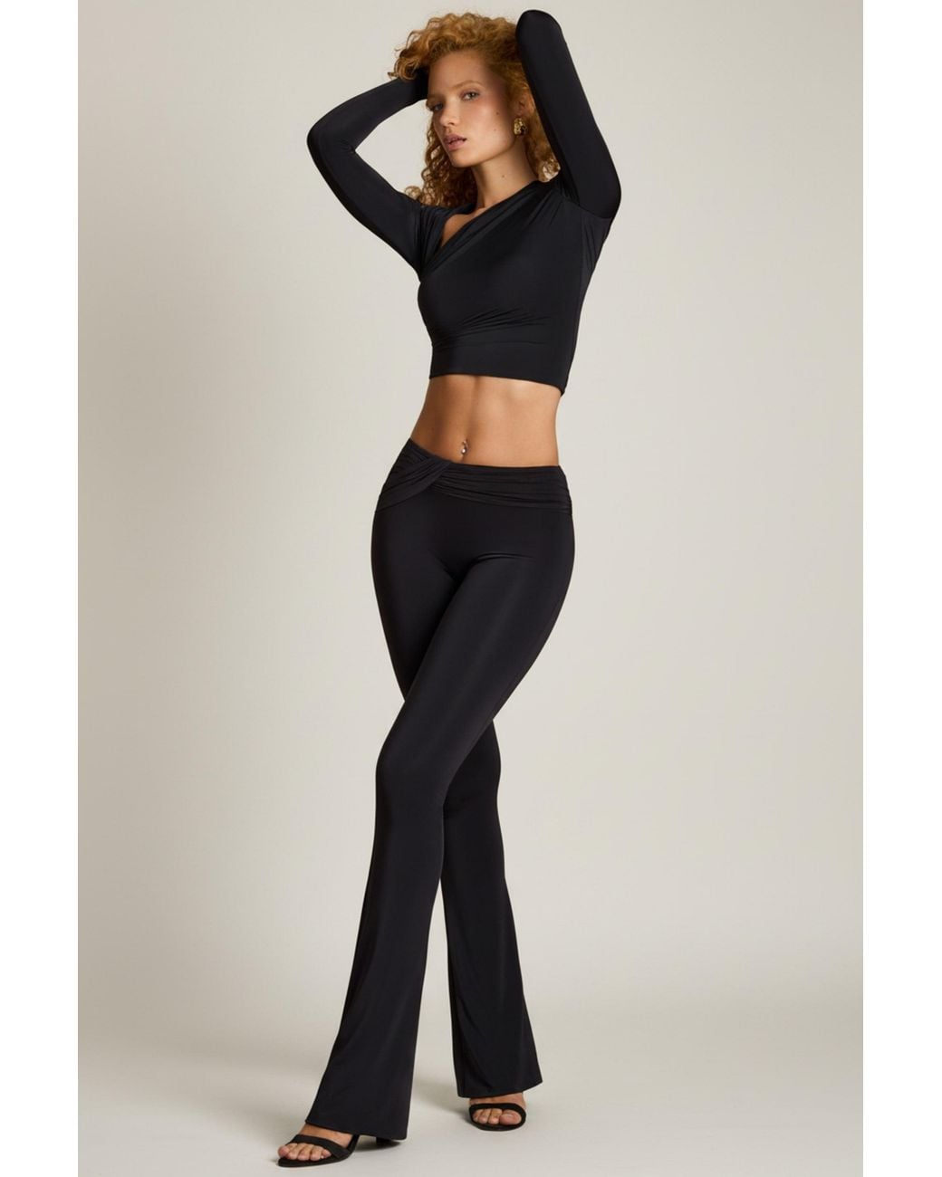 Oh Polly Black Asymmetric Draped Mid-Rise Flared Trousers