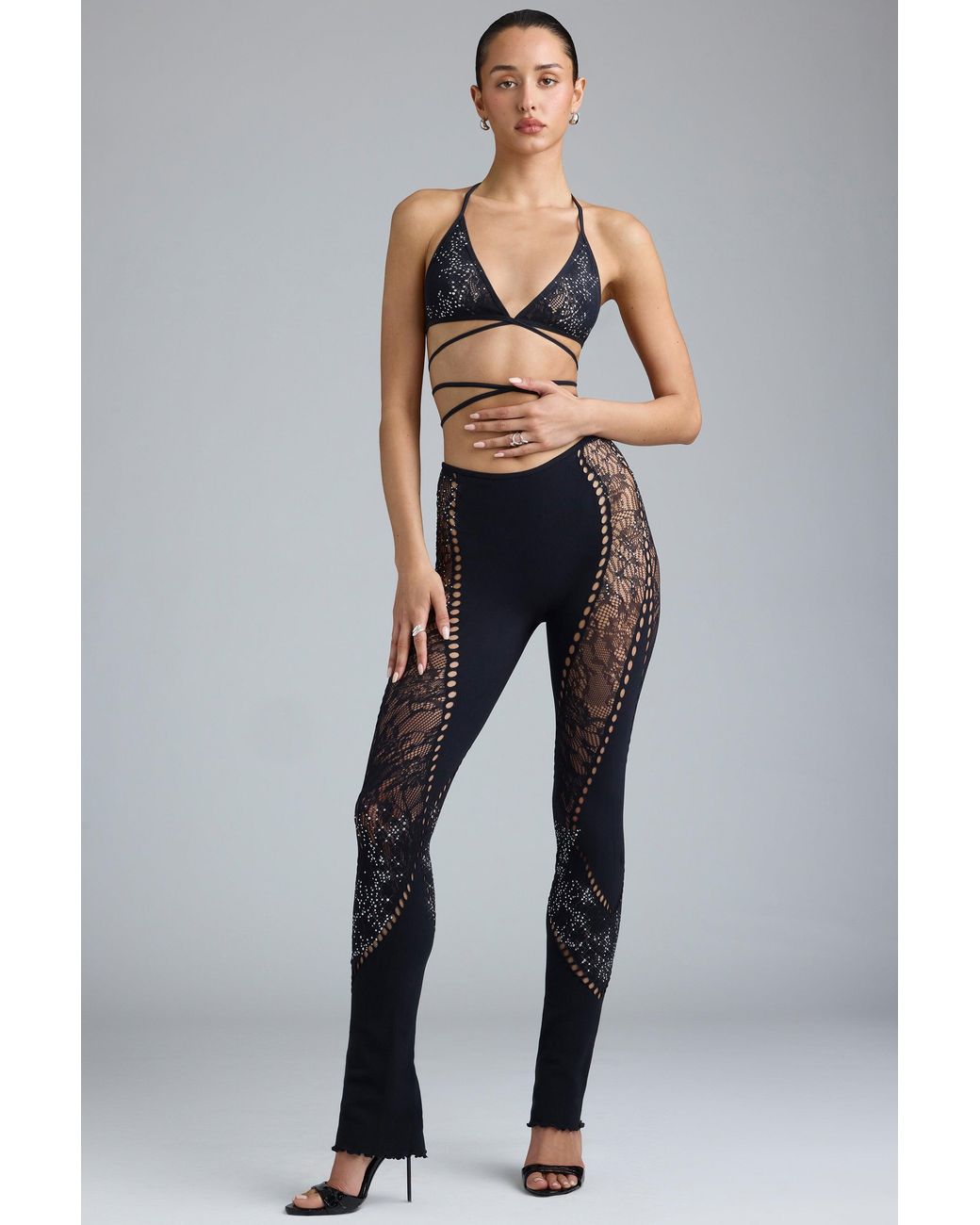 Oh Polly Black Embellished Mid-Rise Flared Trousers