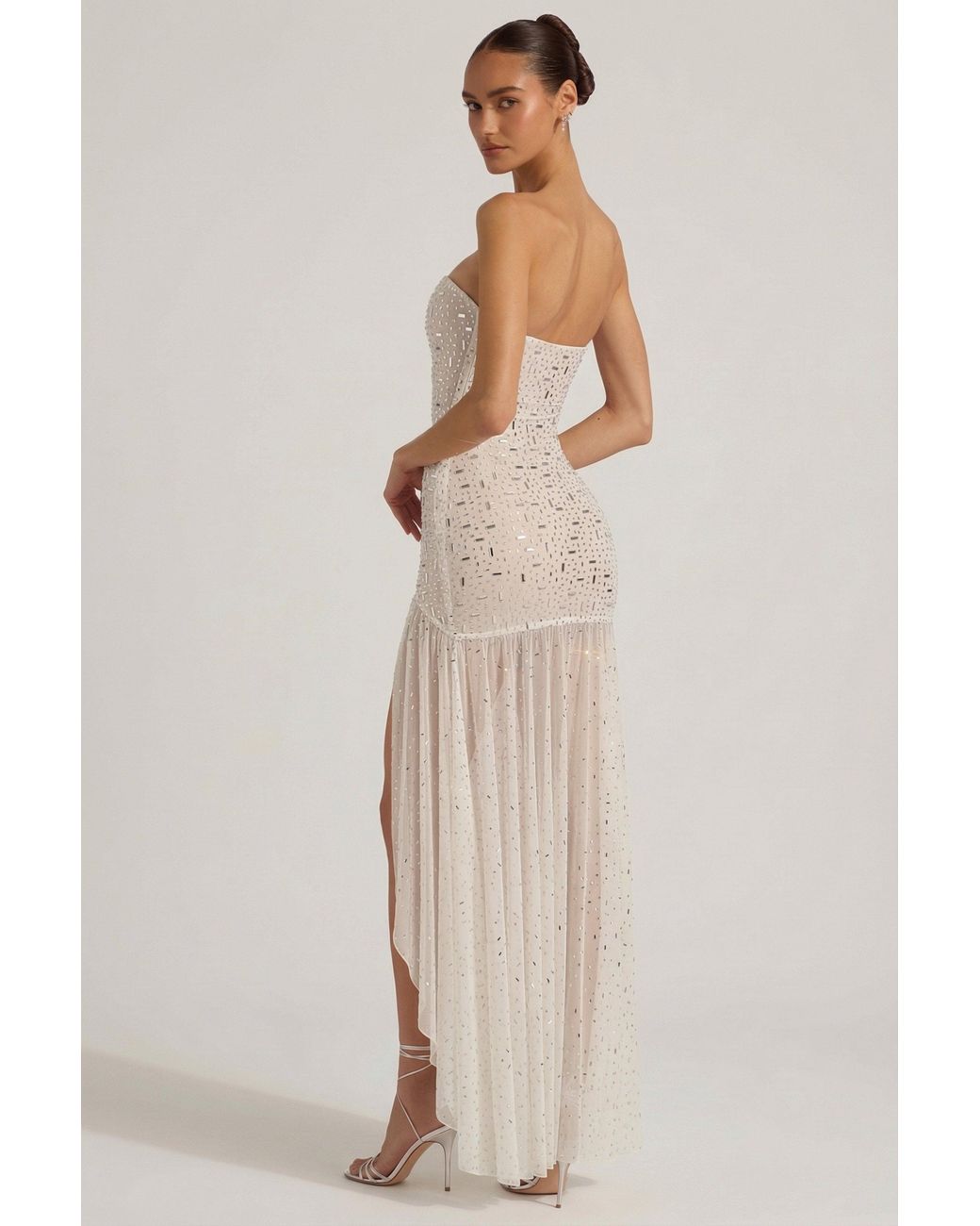 Oh Polly White Semi-Sheer Embellished Asymmetric Maxi Dress