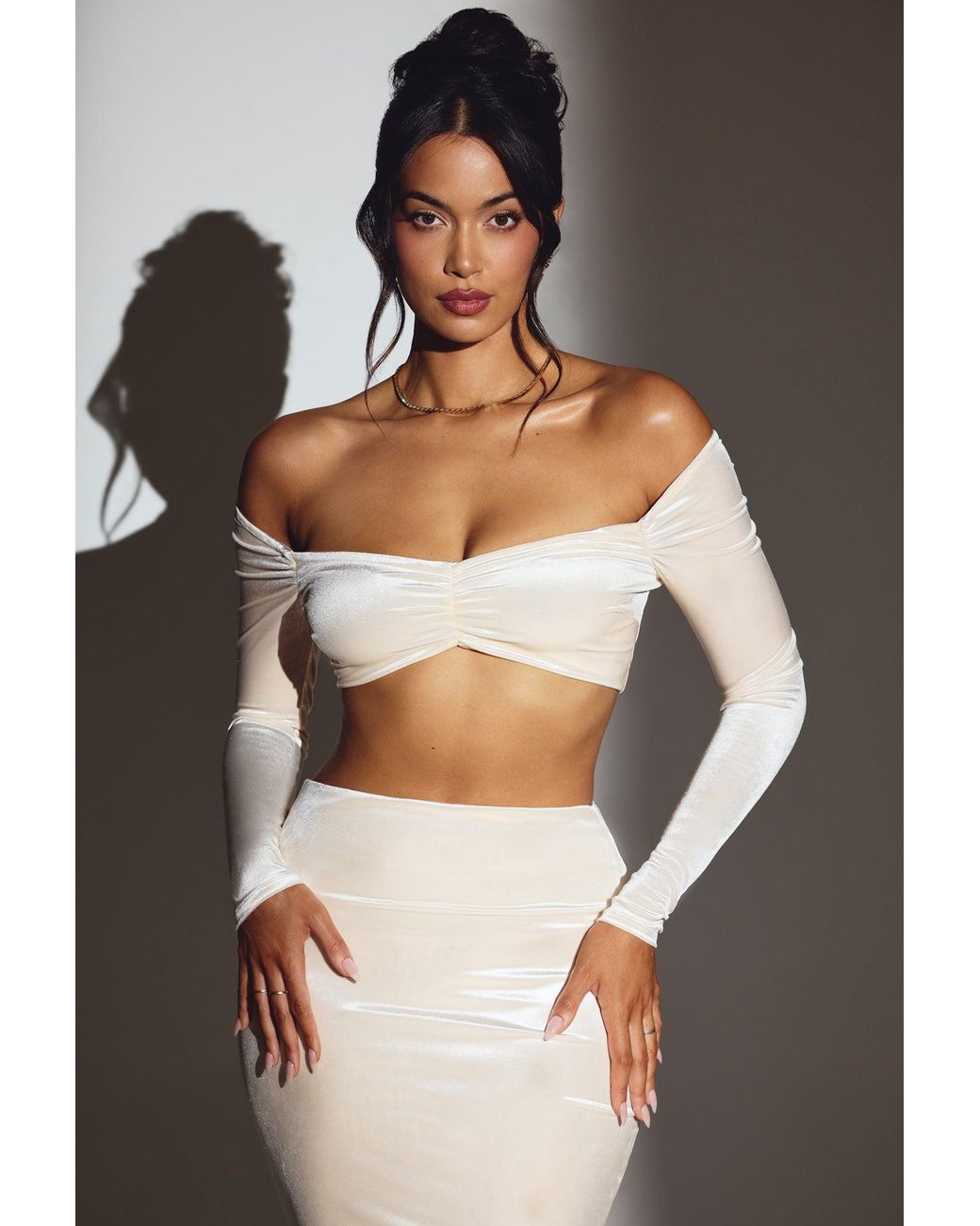 Oh Polly White Velvet Off-Shoulder Ruched Crop Top