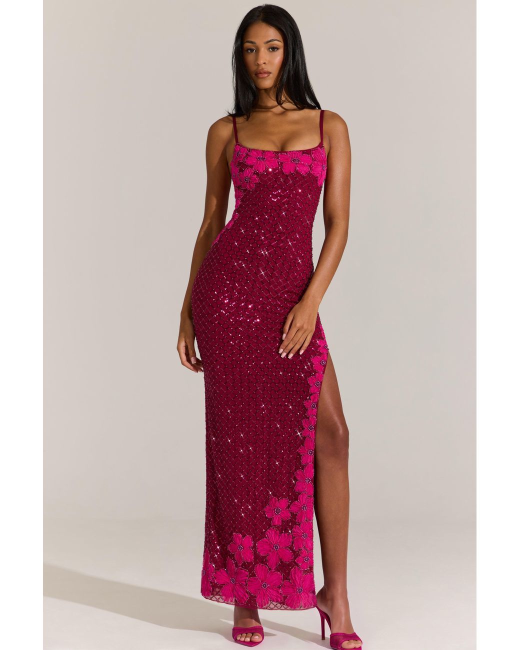Oh Polly Red Embellished Square-Neck Maxi Dress