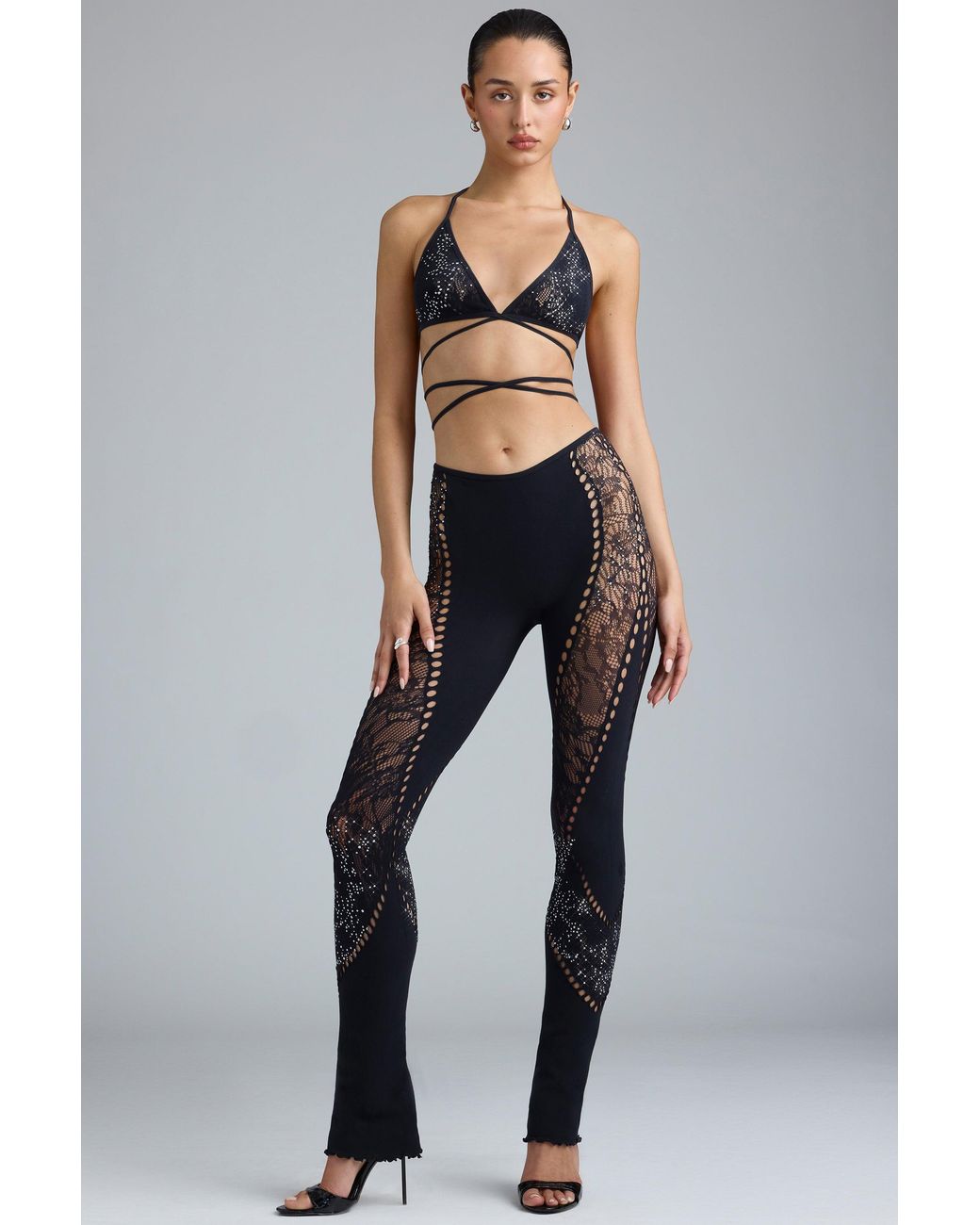 Oh Polly Black Embellished Mid-Rise Flared Trousers