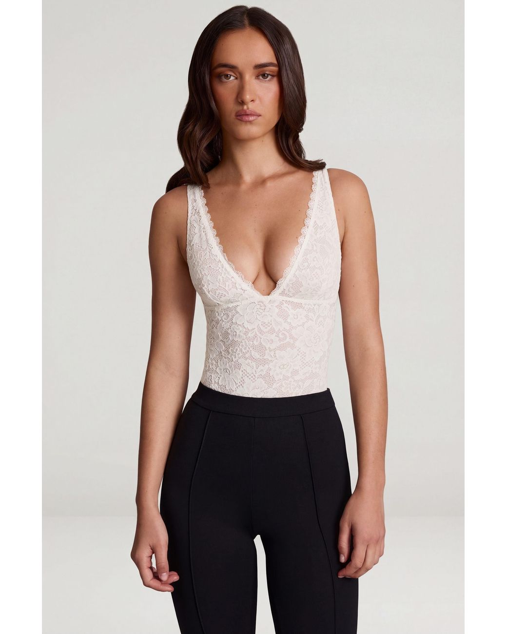 Oh Polly White Sheer Lace Scalloped Plunge-Neck Bodysuit