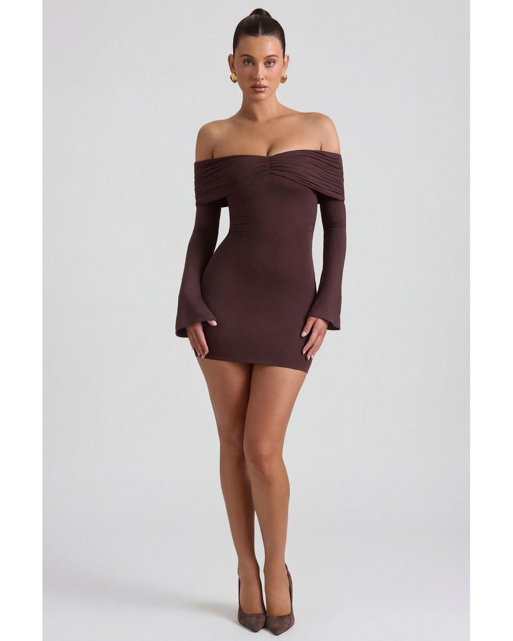 Oh Polly Brown Modal-Cashmere Blend Off-Shoulder Ruched Mini Dress