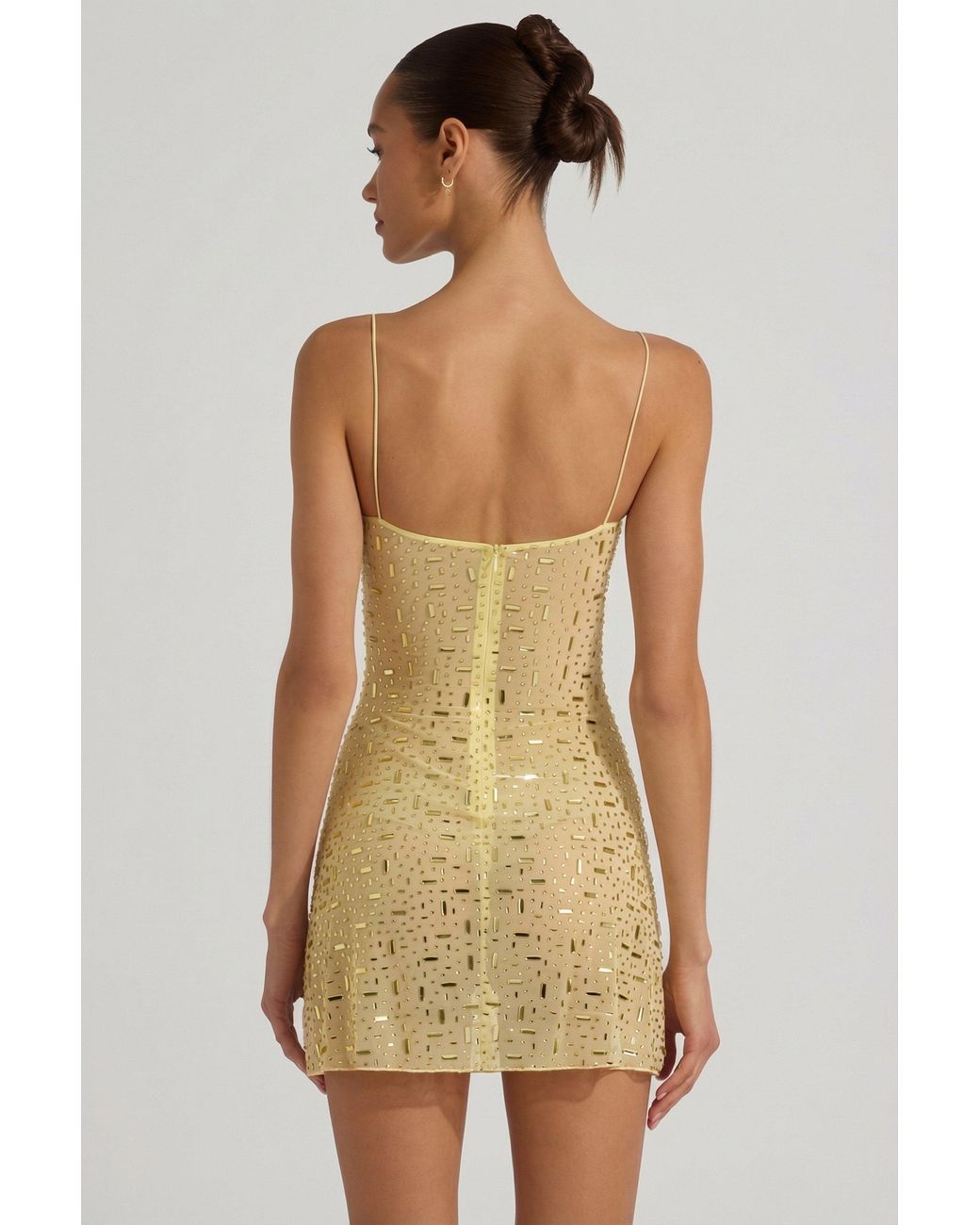 Oh Polly Yellow Sheer Embellished Square-Neck Mini Dress