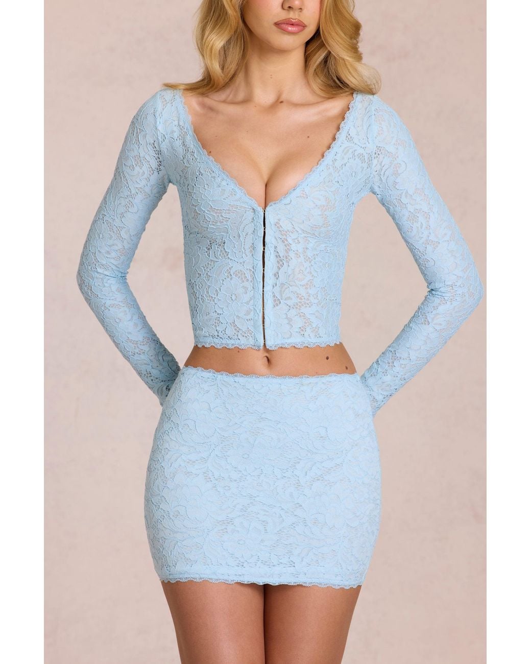 Oh Polly Blue Lace Plunge Cardigan