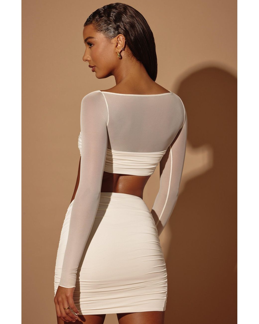 Oh Polly White Sheer Panelled Long Sleeve Crop Top