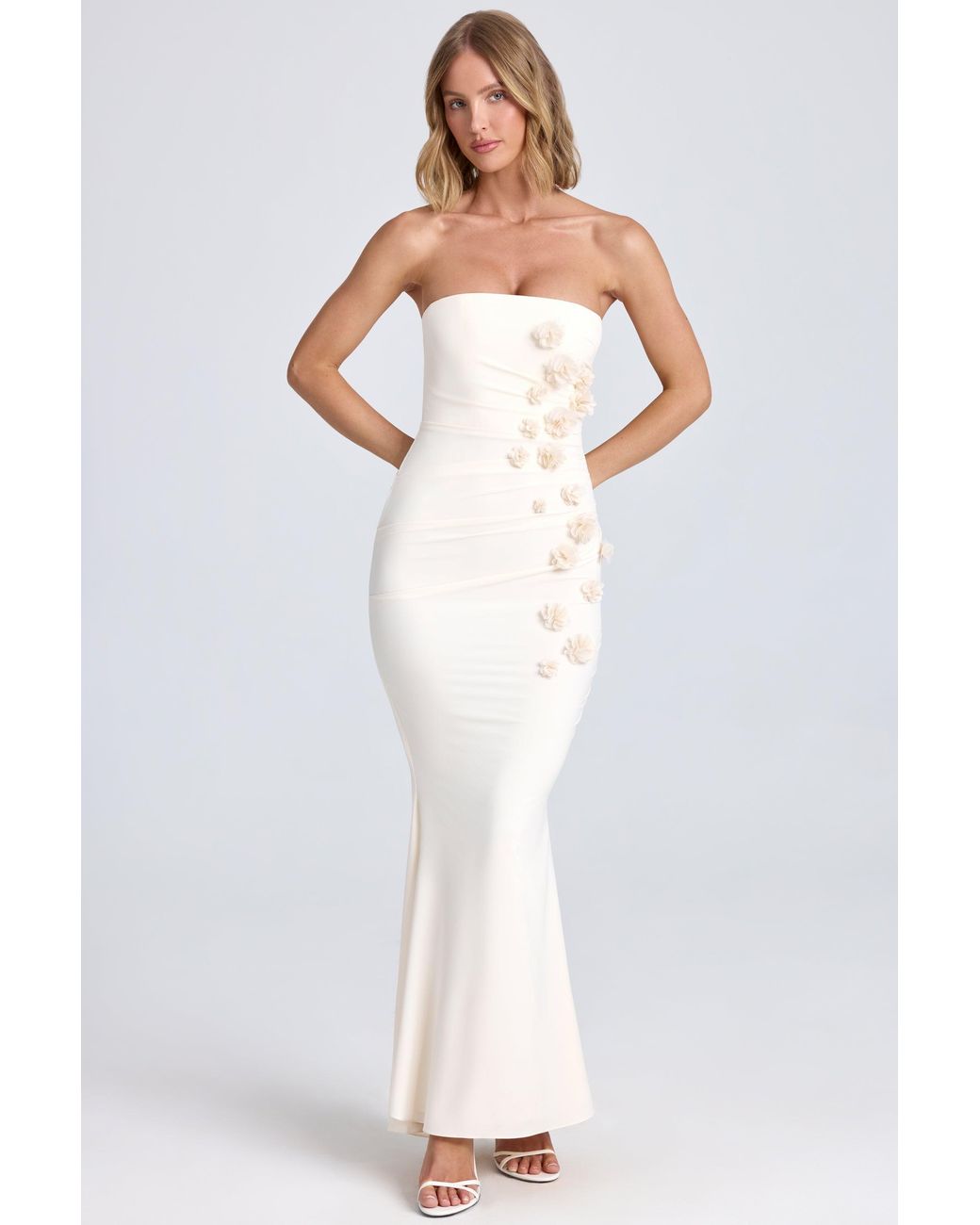 Oh Polly White Draped Floral-Appliqué Maxi Dress