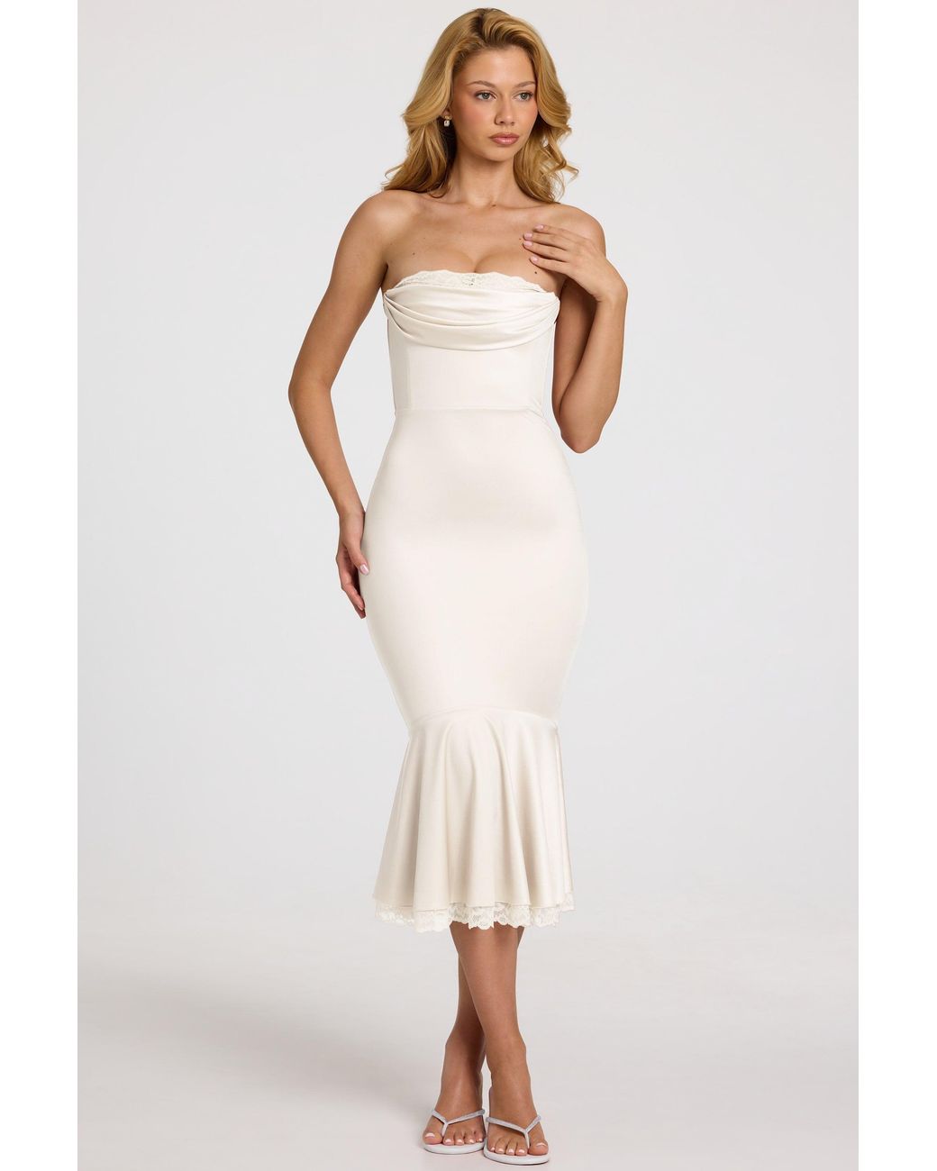 Oh Polly White Satin Lace-Trim Bandeau Fluted Midaxi Dress