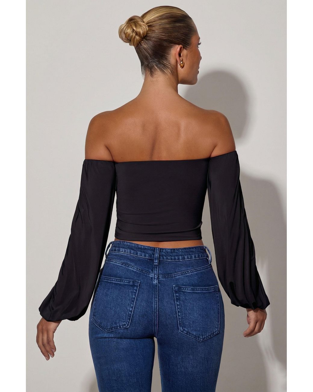 Oh Polly Black Off-Shoulder Draped Balloon-Sleeve Top