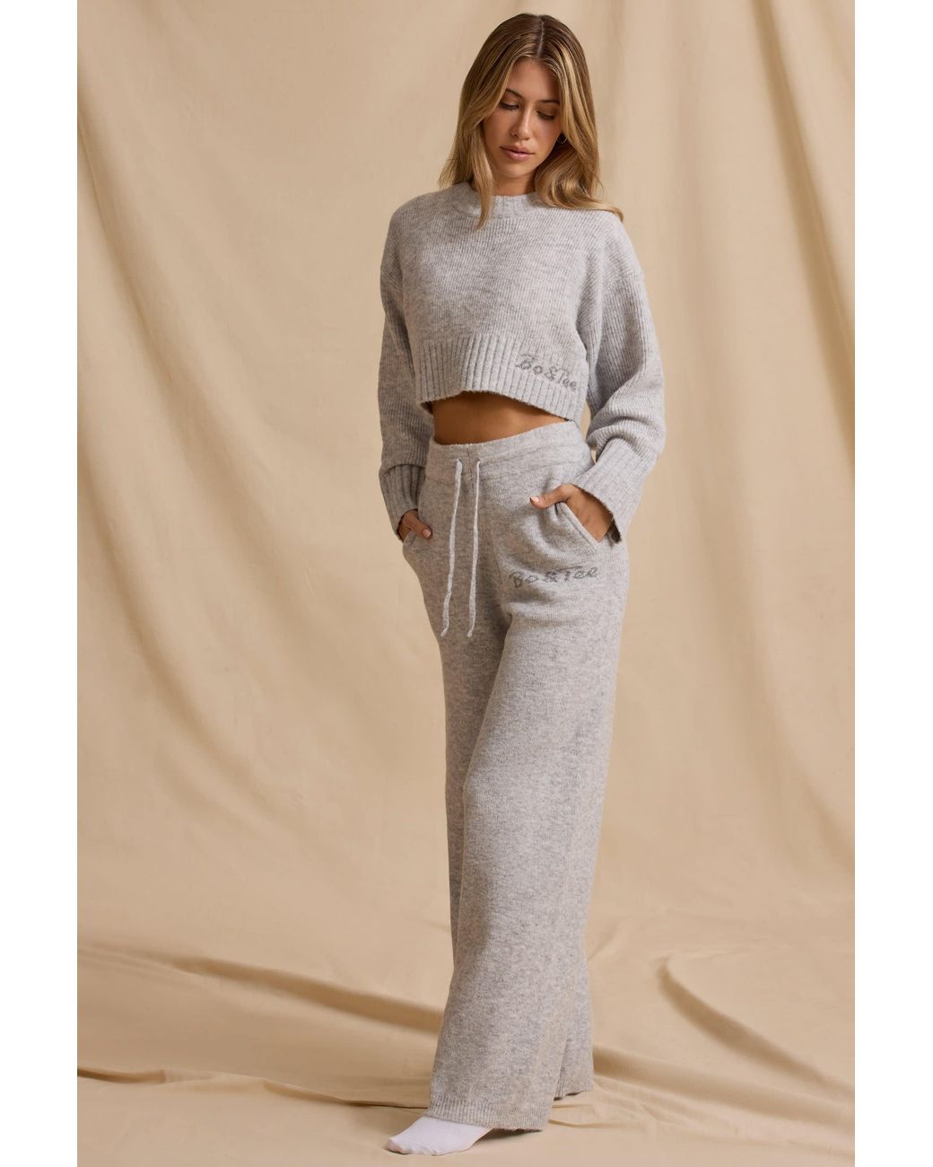 BO+TEE Gray Ribbed Knit Mid-Rise Wide-Leg Joggers