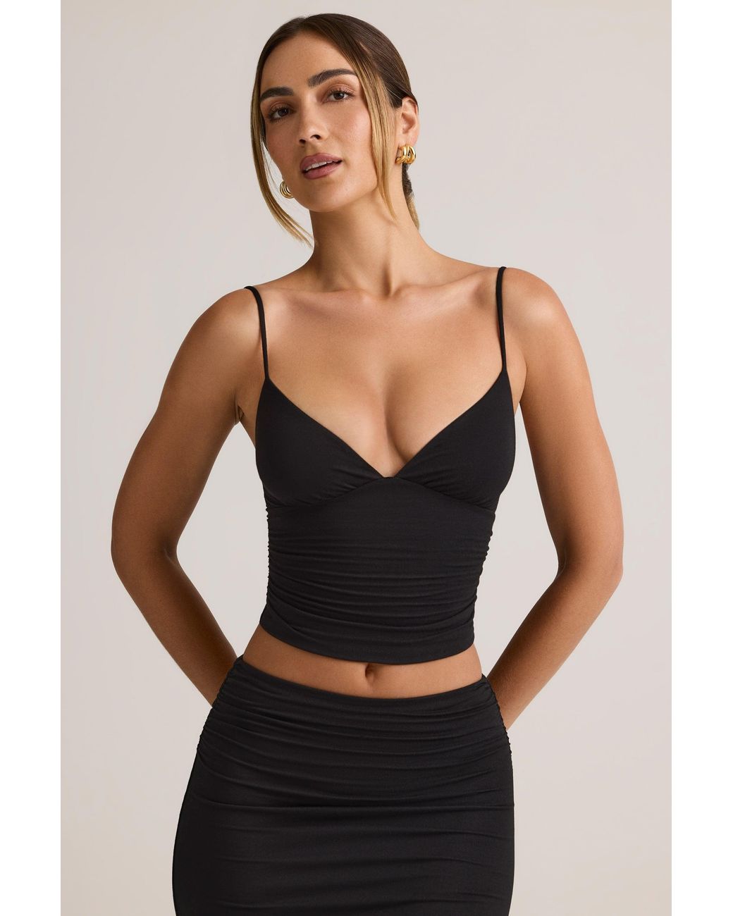Oh Polly Black Modal V-Neck Ruched Camisole Top