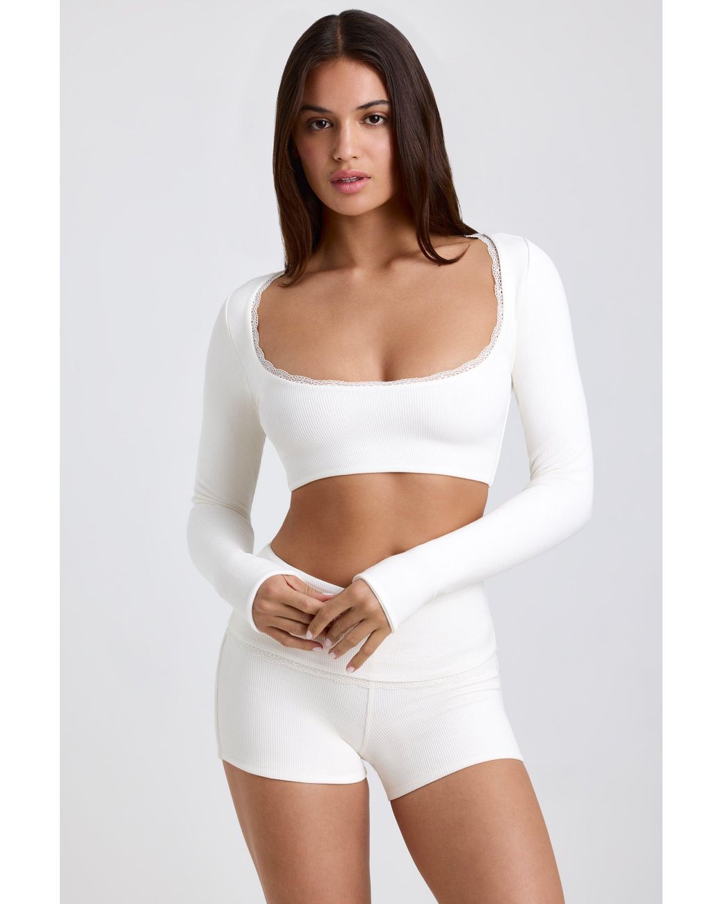 Oh Polly White Ribbed Modal Lace-Trim Crop Top