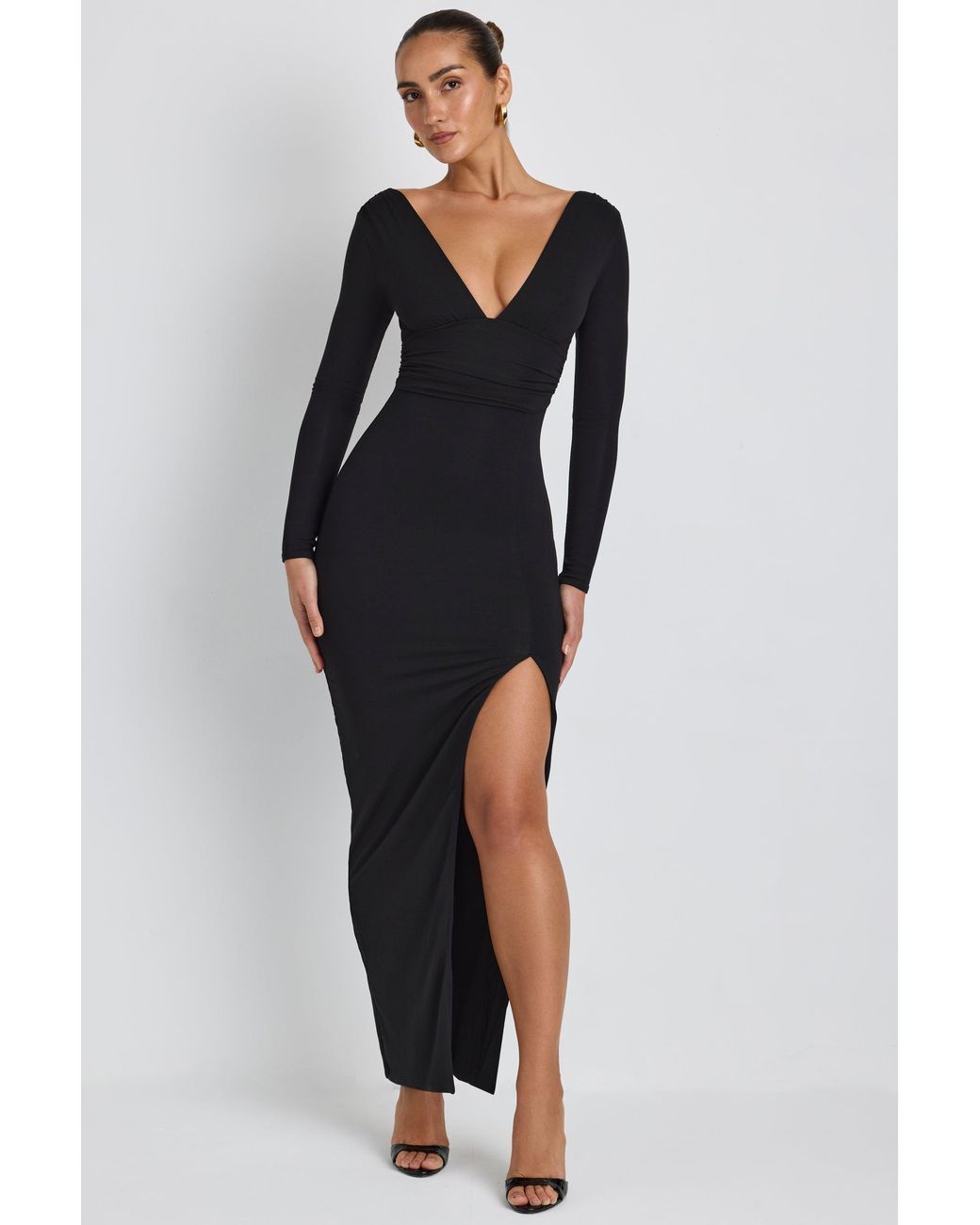 Oh Polly Black Modal Plunge Neck Long Sleeve Maxi Dress