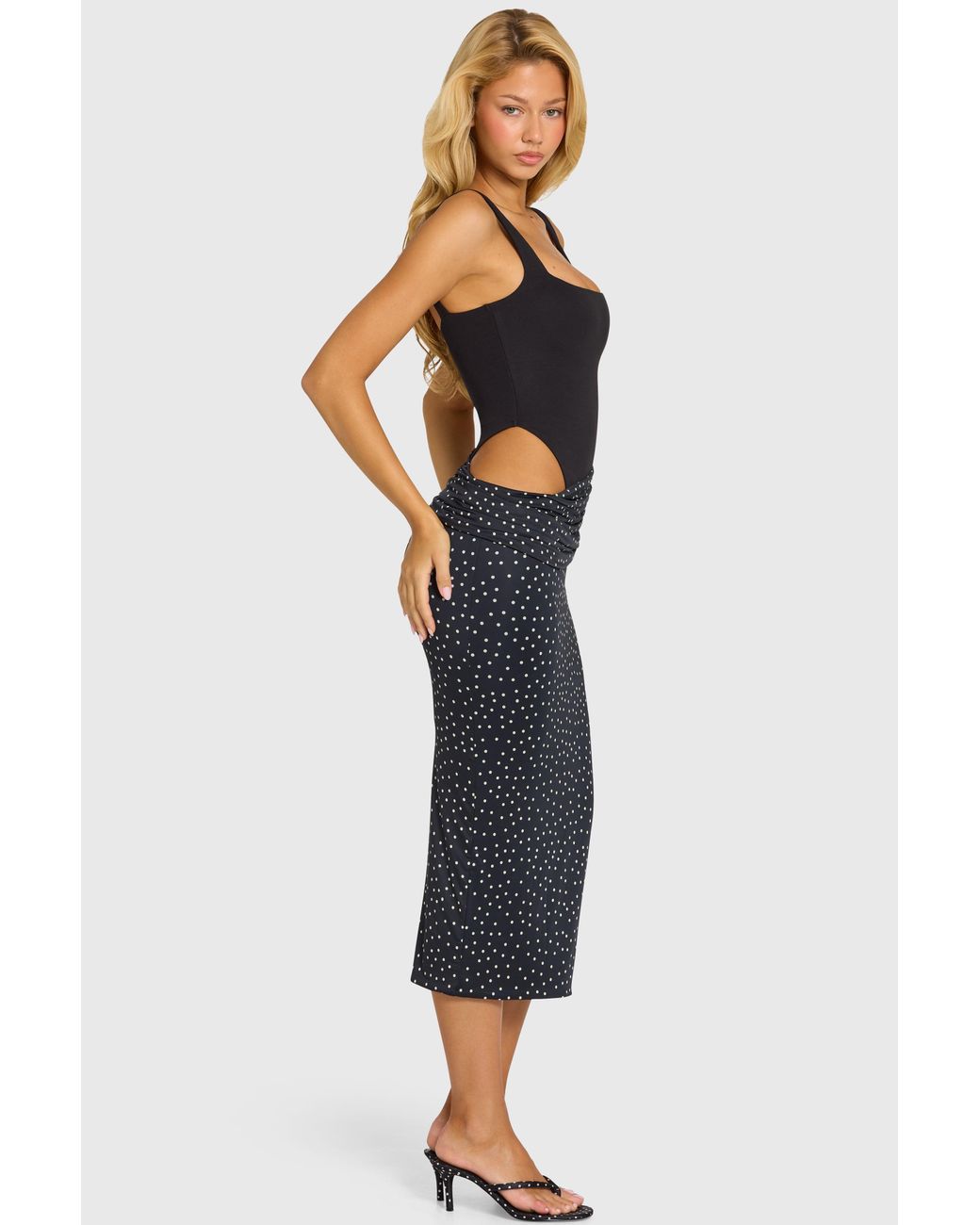 Oh Polly Black Bodice Draped Midi Dress