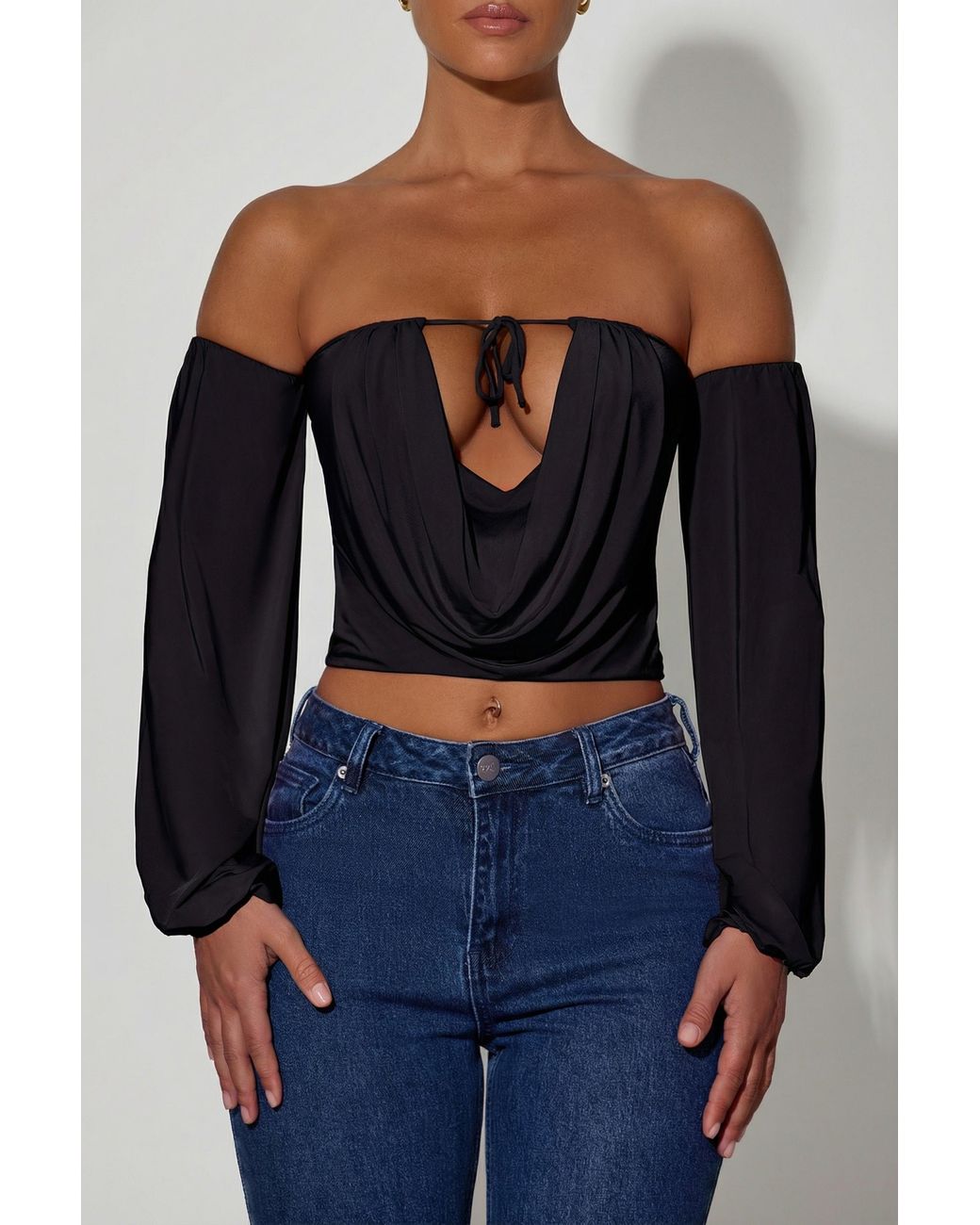 Oh Polly Black Off-Shoulder Draped Balloon-Sleeve Top