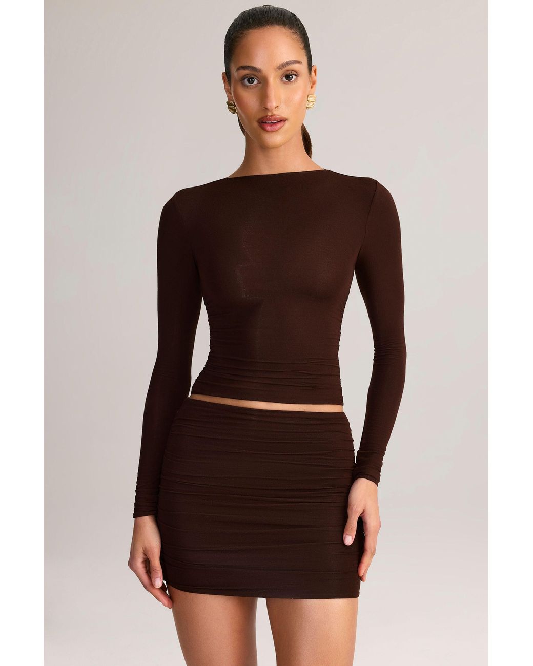 Oh Polly Brown Modal Ruched Long-Sleeve Top