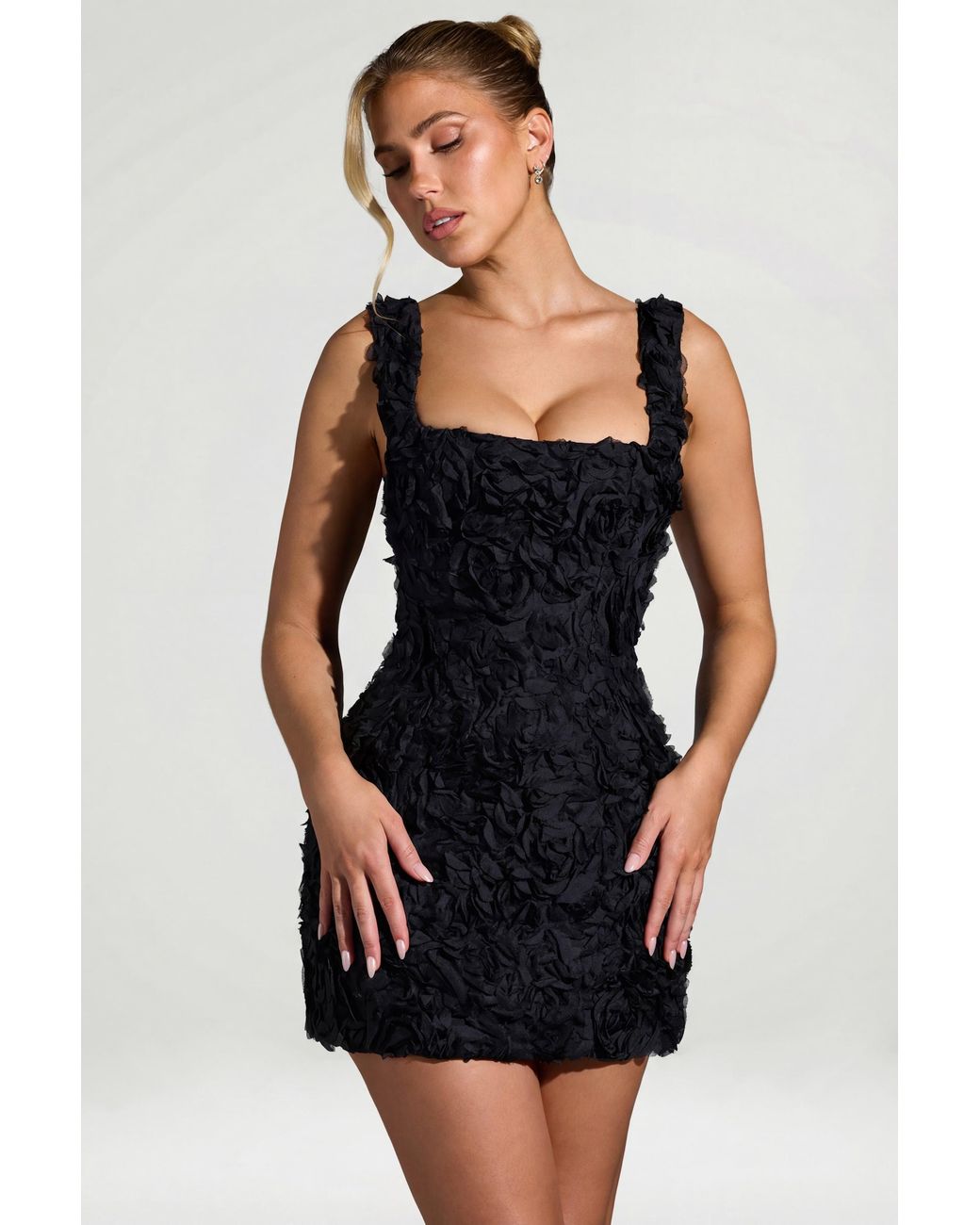 Oh Polly Black Floral-Appliqué Square-Neck Corset Mini Dress