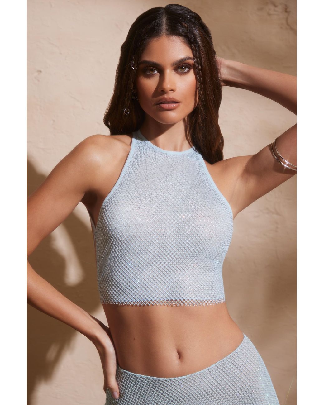 Oh Polly Blue Embellished Racer Neck Open Back Crop Top
