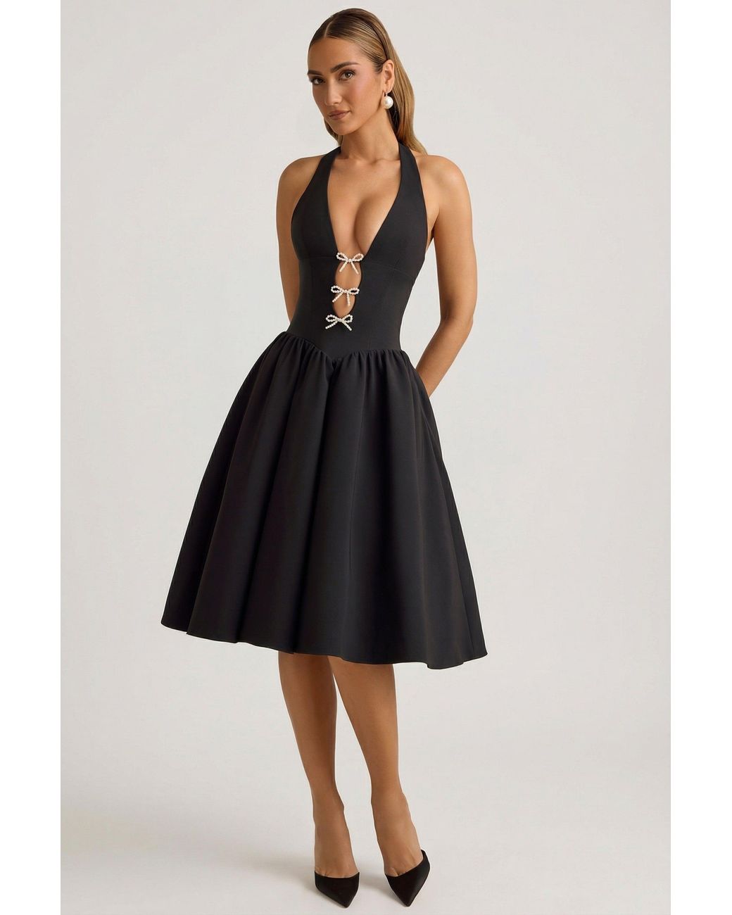Oh Polly Black Halterneck Bow-Detail Midi Dress