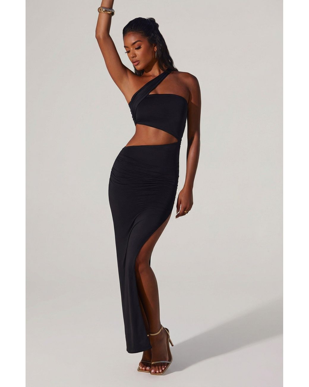 Oh Polly Black Asymmetric Neckline Ruched Cut Out Maxi Dress