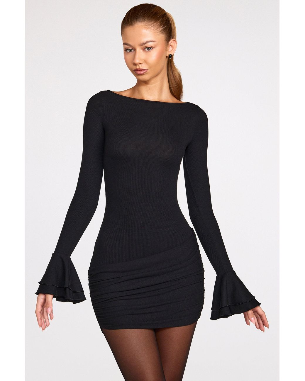 Oh Polly Black Ribbed Modal Long-Sleeve Draped Mini Dress