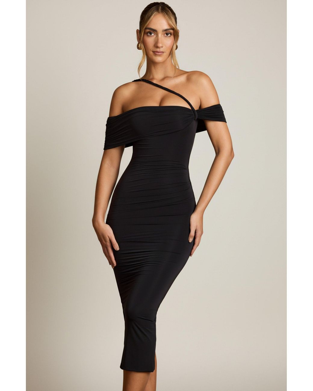 Oh Polly Black Off-Shoulder Draped Midaxi Dress