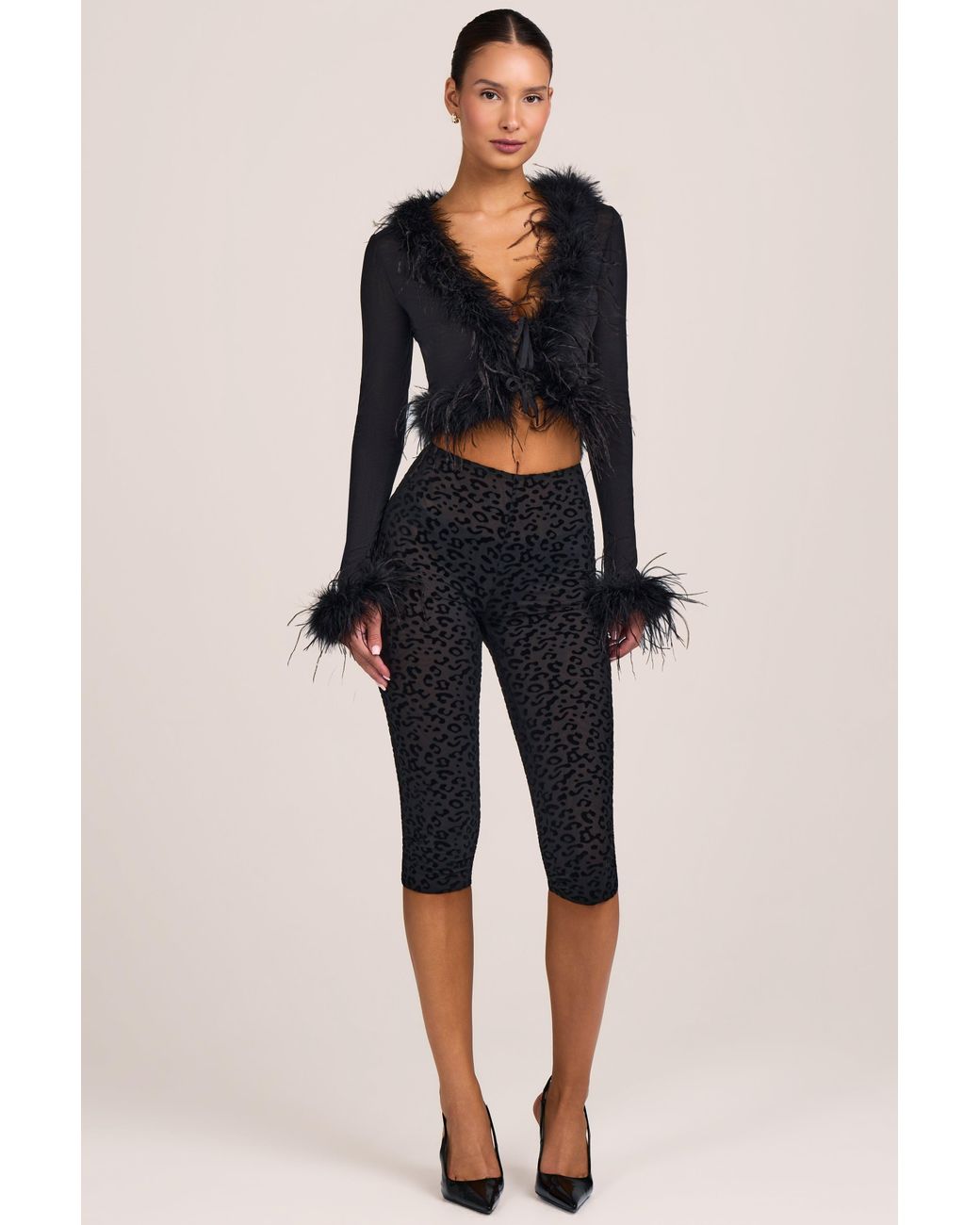 Oh Polly Black Flocked Leopard Mesh Capri Trousers