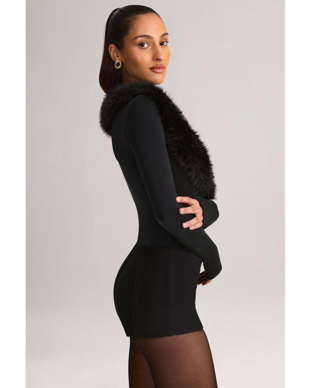 Oh Polly Black Faux Fur-Trim Corset Playsuit