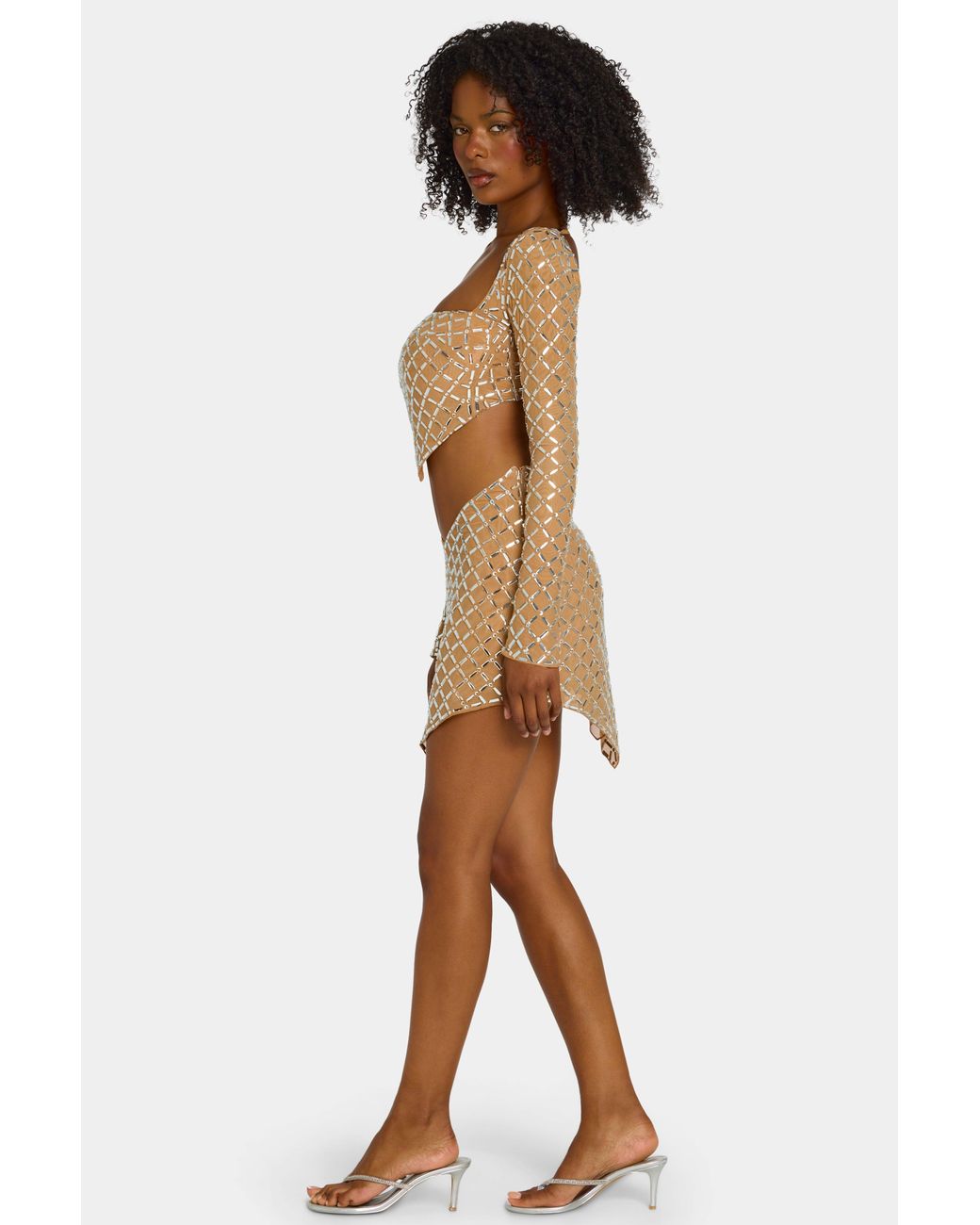 Oh Polly Natural Embellished Asymmetric Mid-Rise Mini Skirt