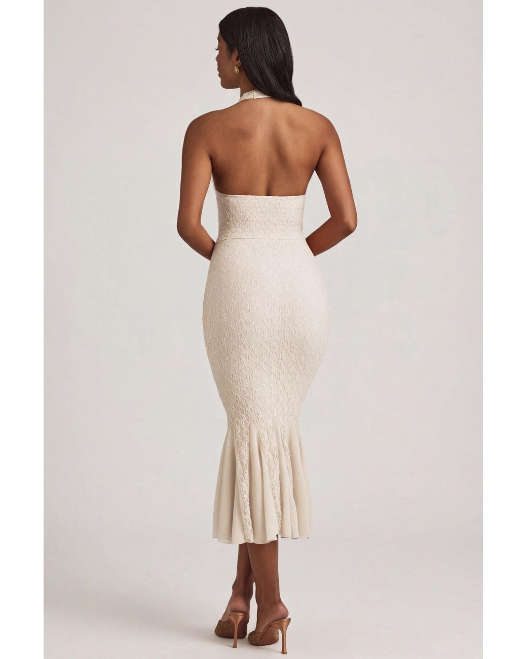 Oh Polly Natural Halterneck Corset Lace Midaxi Dress